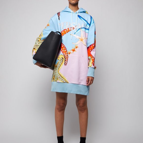 New: VERSACE Tresor De La Mer Logo Long Sleeve Hoodie Dress In Light Blue Multi, - Picture 2 of 5